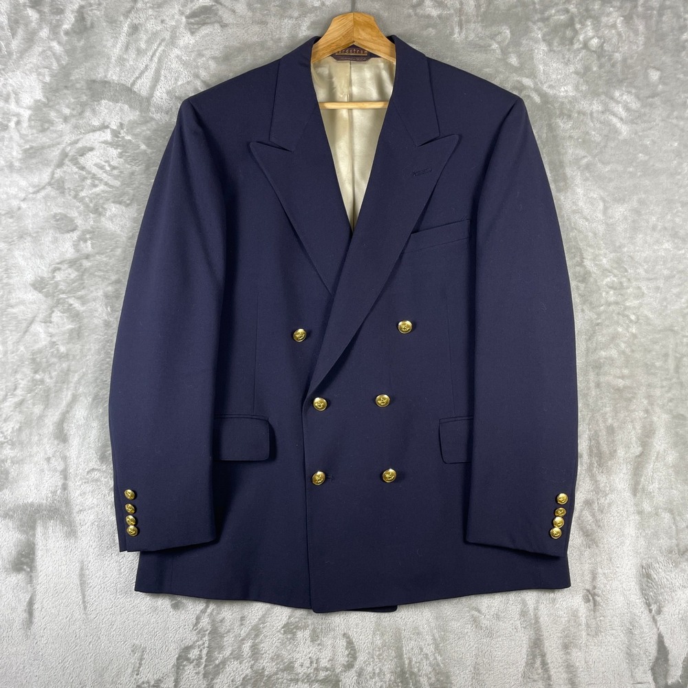 Vtg 80s Double Breasted Peak Lapel Navy Blazer Jacket Gold Buttons Mens Large 44